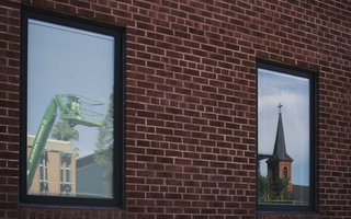 Window Reflection Church Lift Brickwall