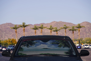 Springtime Desert Mountain Panorama with Car Windsgield Shade