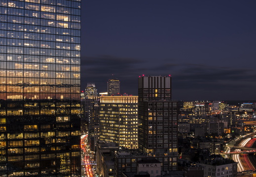 Boston Winter skyline traffic sunset reflection Hancock Tower