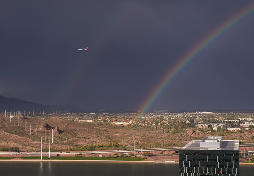 Tempe Arizona Rainbow with plane over Tempe Town Lake
